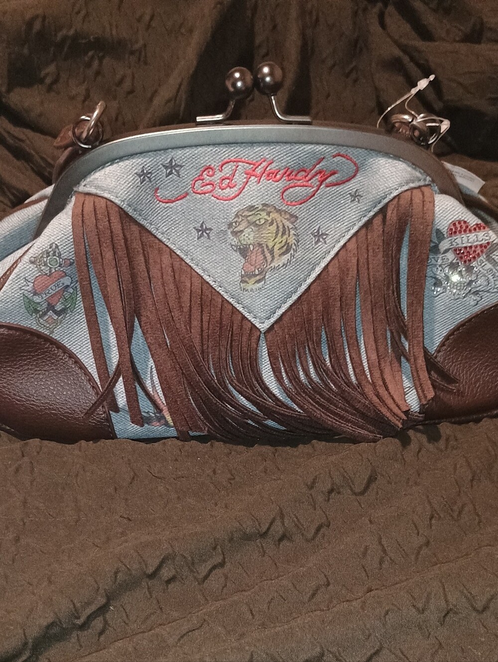 NWT Ed Hardy Light Blue Denim & Brown Fringe Frame Wristlet